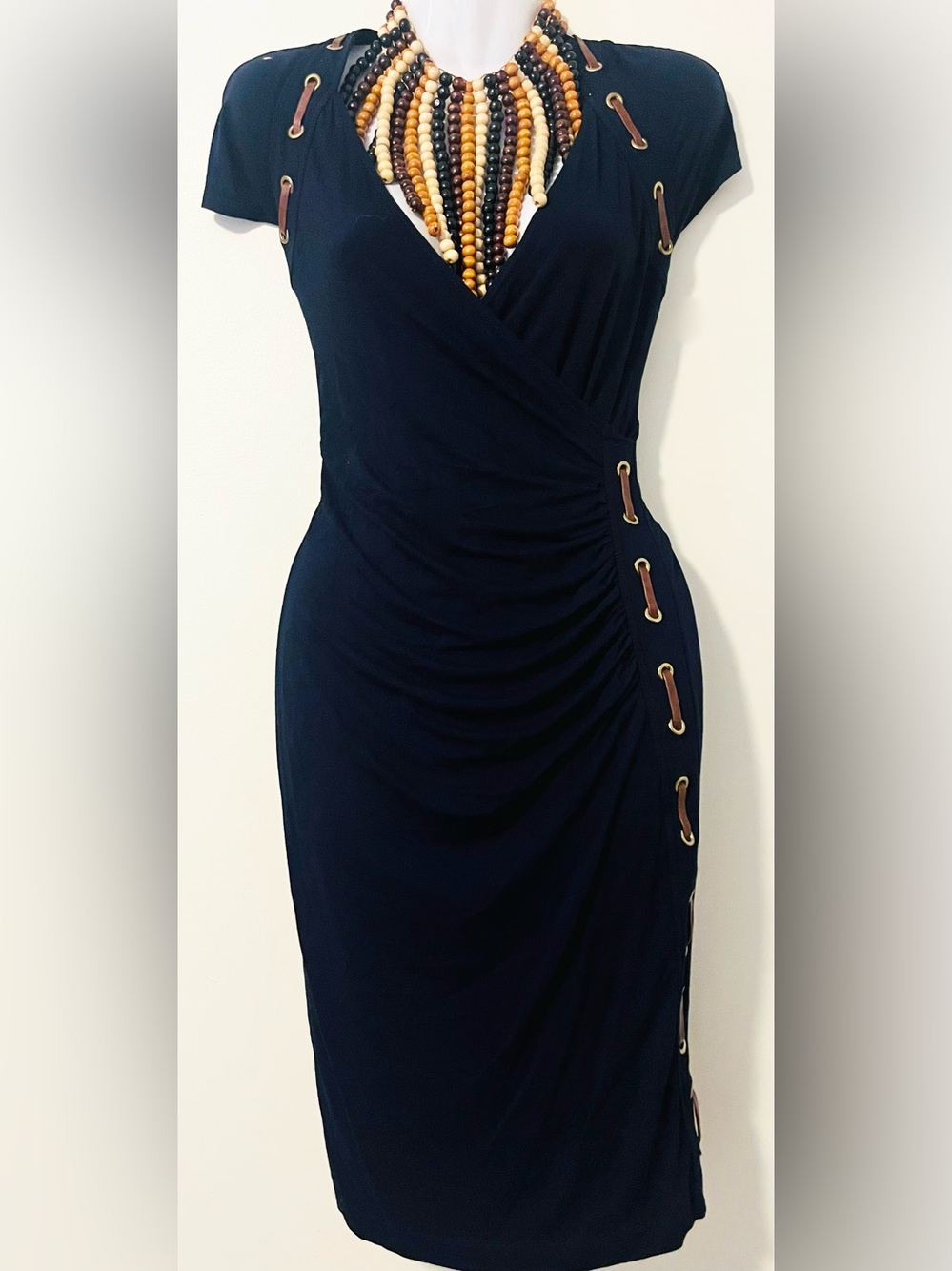 Carmen Marc Valvo Navy Blue Faux-Wrap Midi Dress with leather Accents Size S